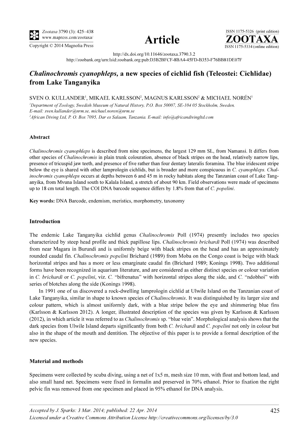 Chalinochromis Cyanophleps, a New Species of Cichlid Fish (Teleostei: Cichlidae) from Lake Tanganyika