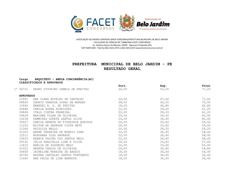 PREFEITURA MUNICIPAL DE BELO JARDIM FACULDADE DE CIÊNCIAS DE TIMBAÚBA-FACET CONCURSOS Av