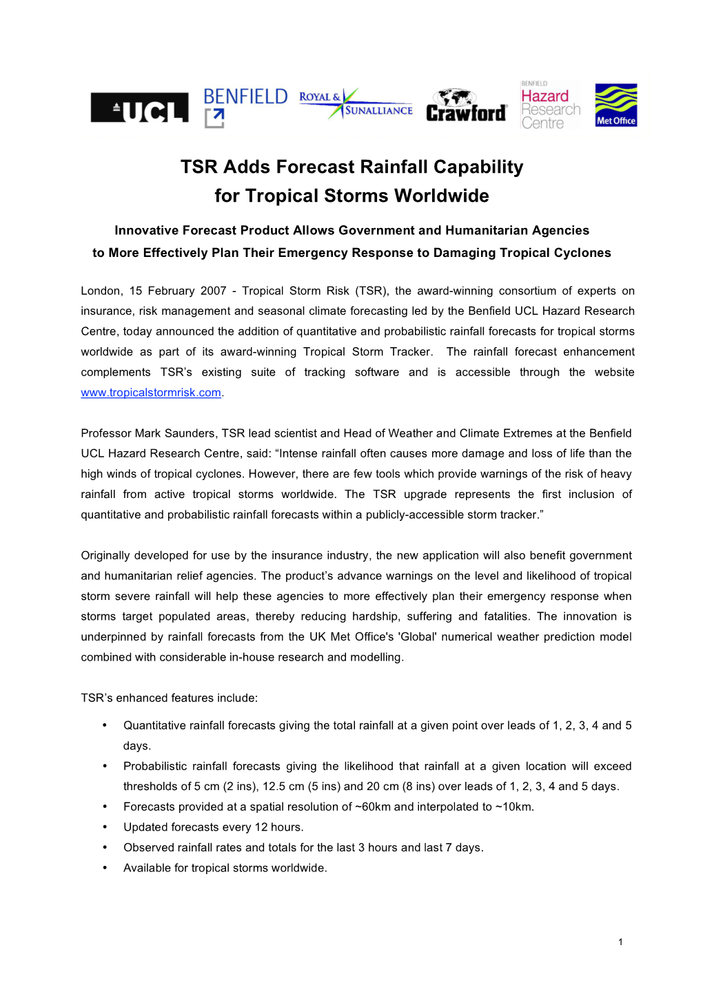 TSR Adds Forecast Rainfall Capability for Tropical Storms Worldwide