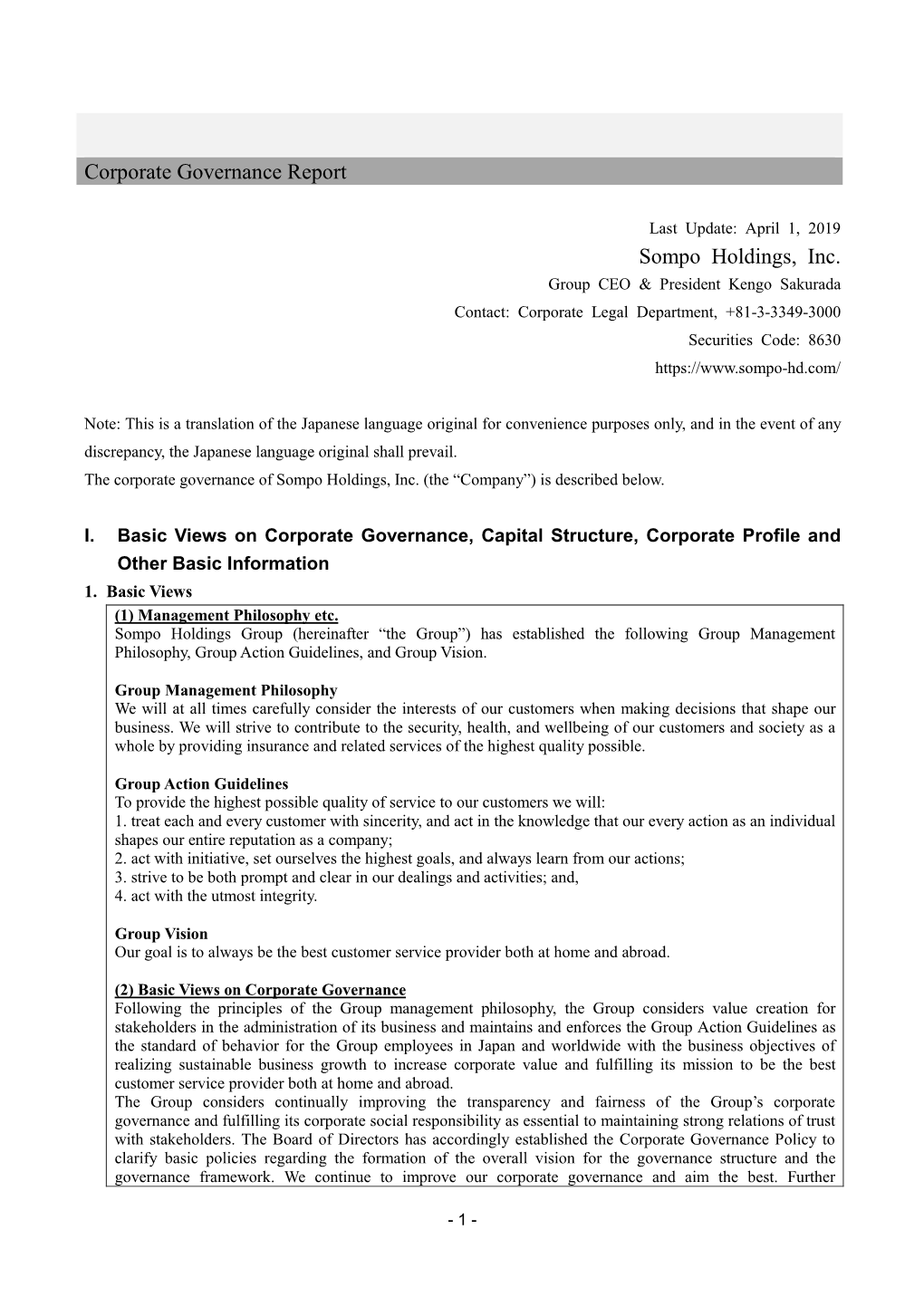 Corporate Governance Report SOMPO Holdings