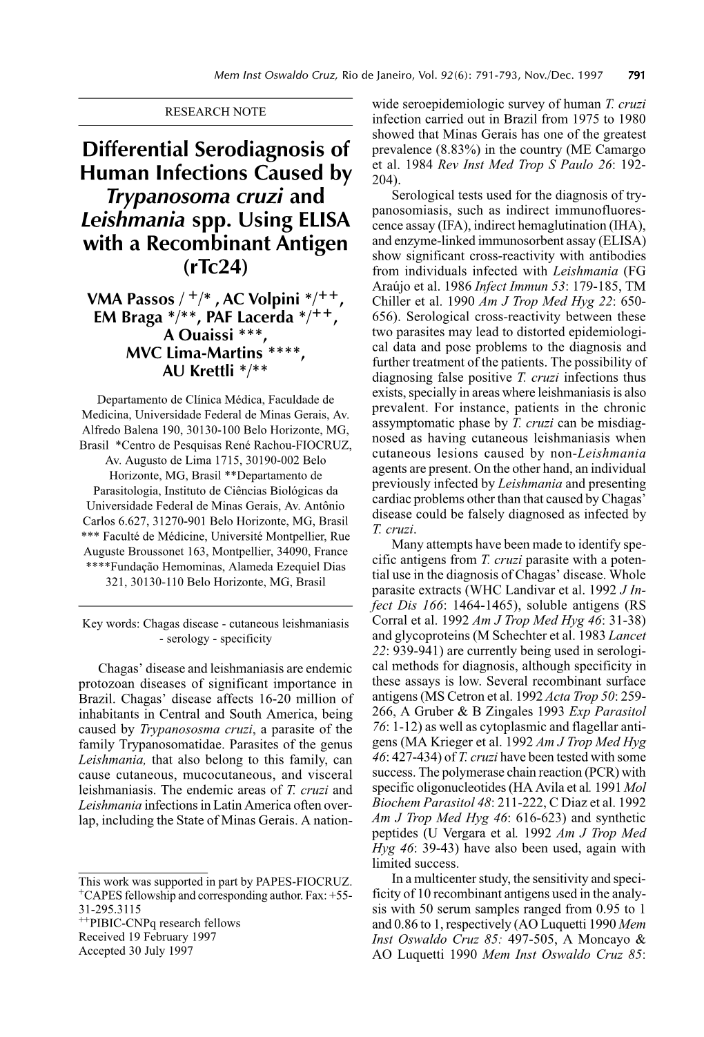 Differential Serodiagnosis of Human Infections Caused by Trypanosoma