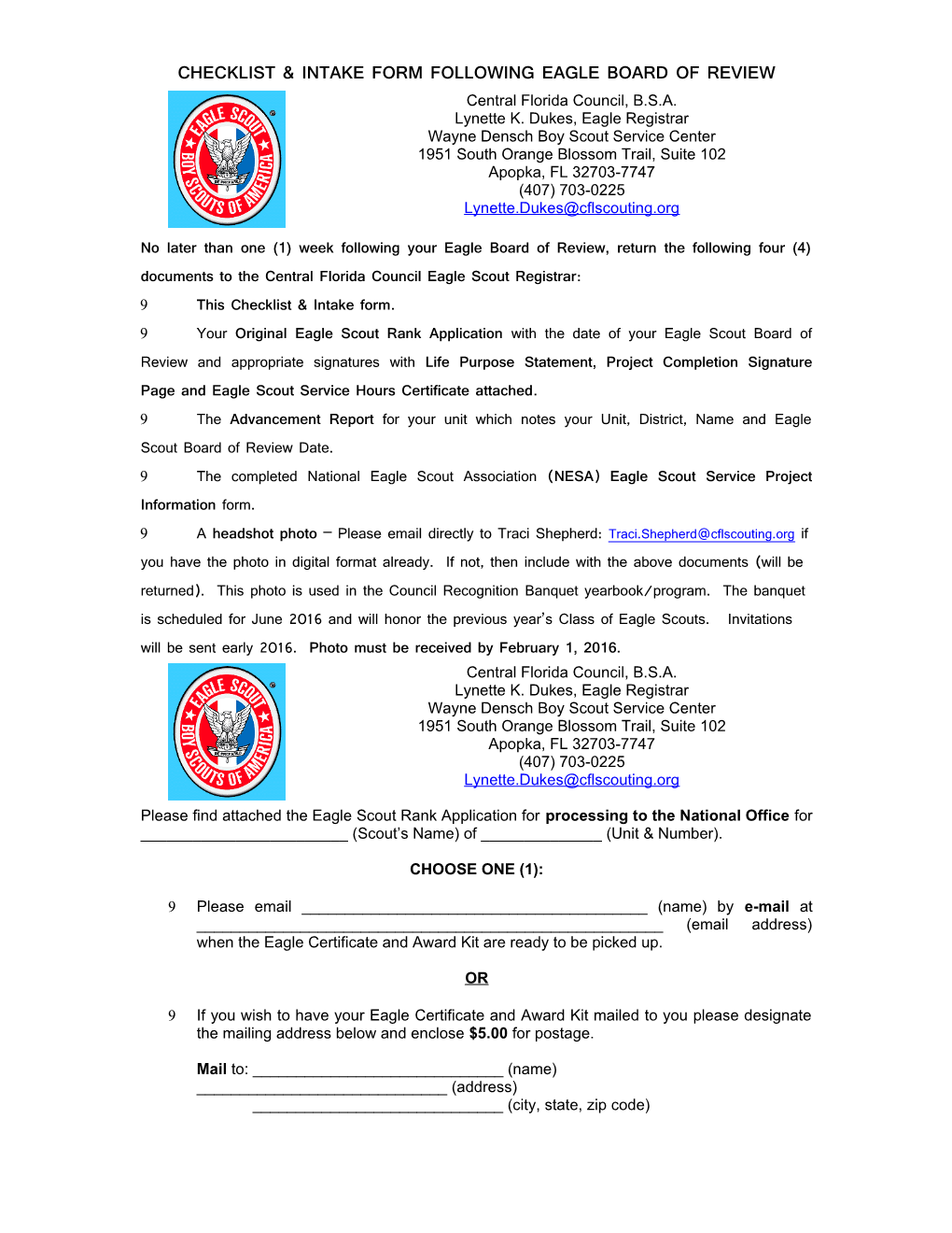 Checklist & Intake Form Following Eagle Board of Review