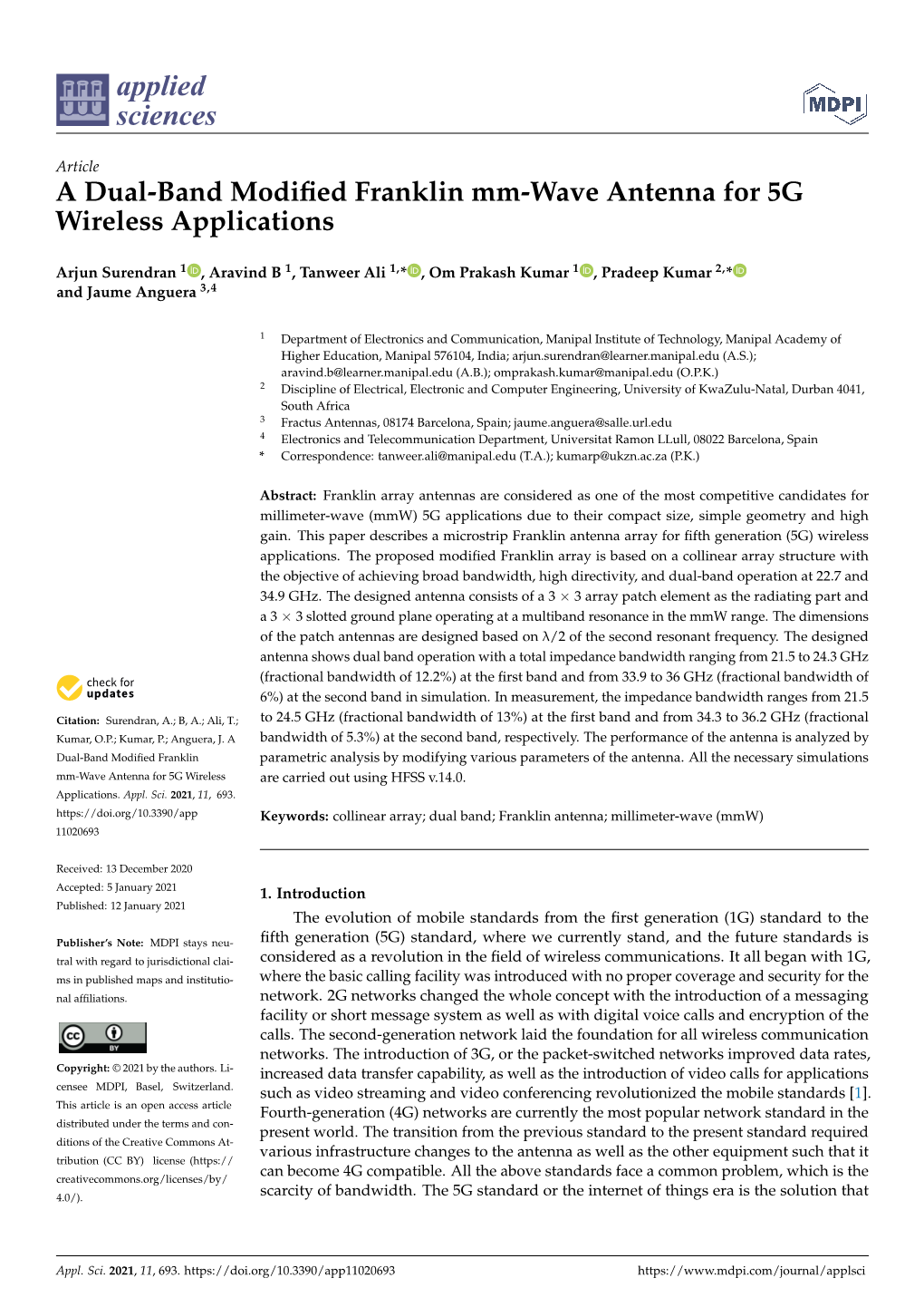 A Dual-Band Modified Franklin Mm-Wave Antenna for 5G Wireless Applications