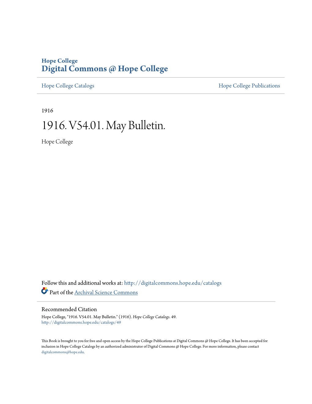 1916. V54.01. May Bulletin. Hope College