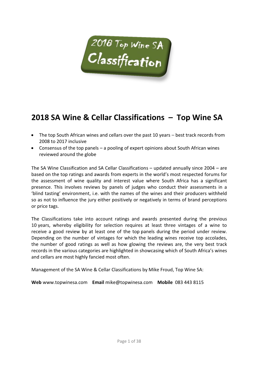 2018 SA Wine & Cellar Classifications – Top Wine SA