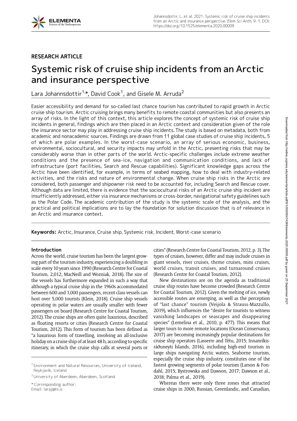 Systemic Risk of Cruise Ship Incidents from an Arctic and Insurance Perspective
