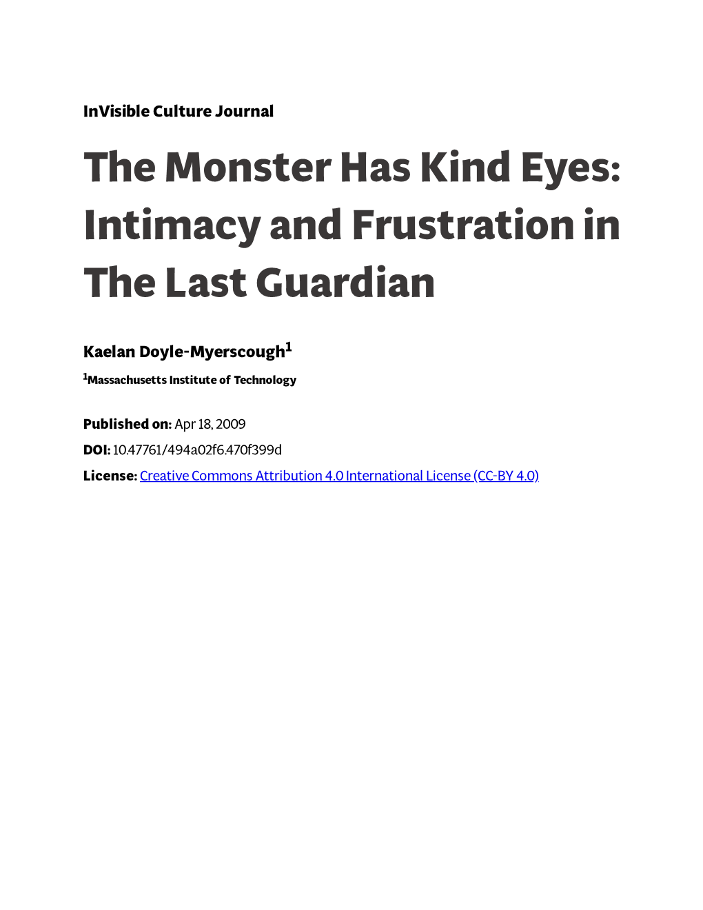 The Monster Has Kind Eyes: Intimacy and Frustration in the Last Guardian