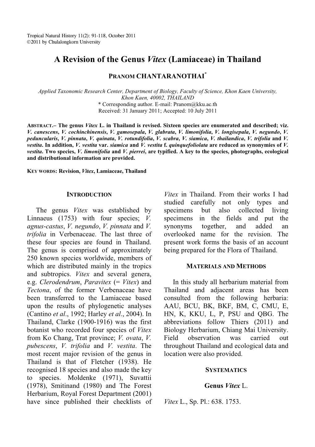 A Revision of the Genus Vitex (Lamiaceae) in Thailand