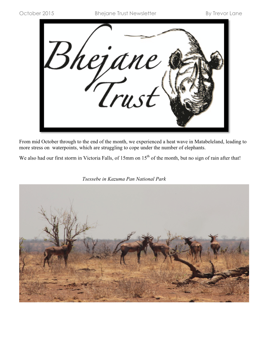 October 2015 Bhejane Trust Newsletter by Trevor Lane