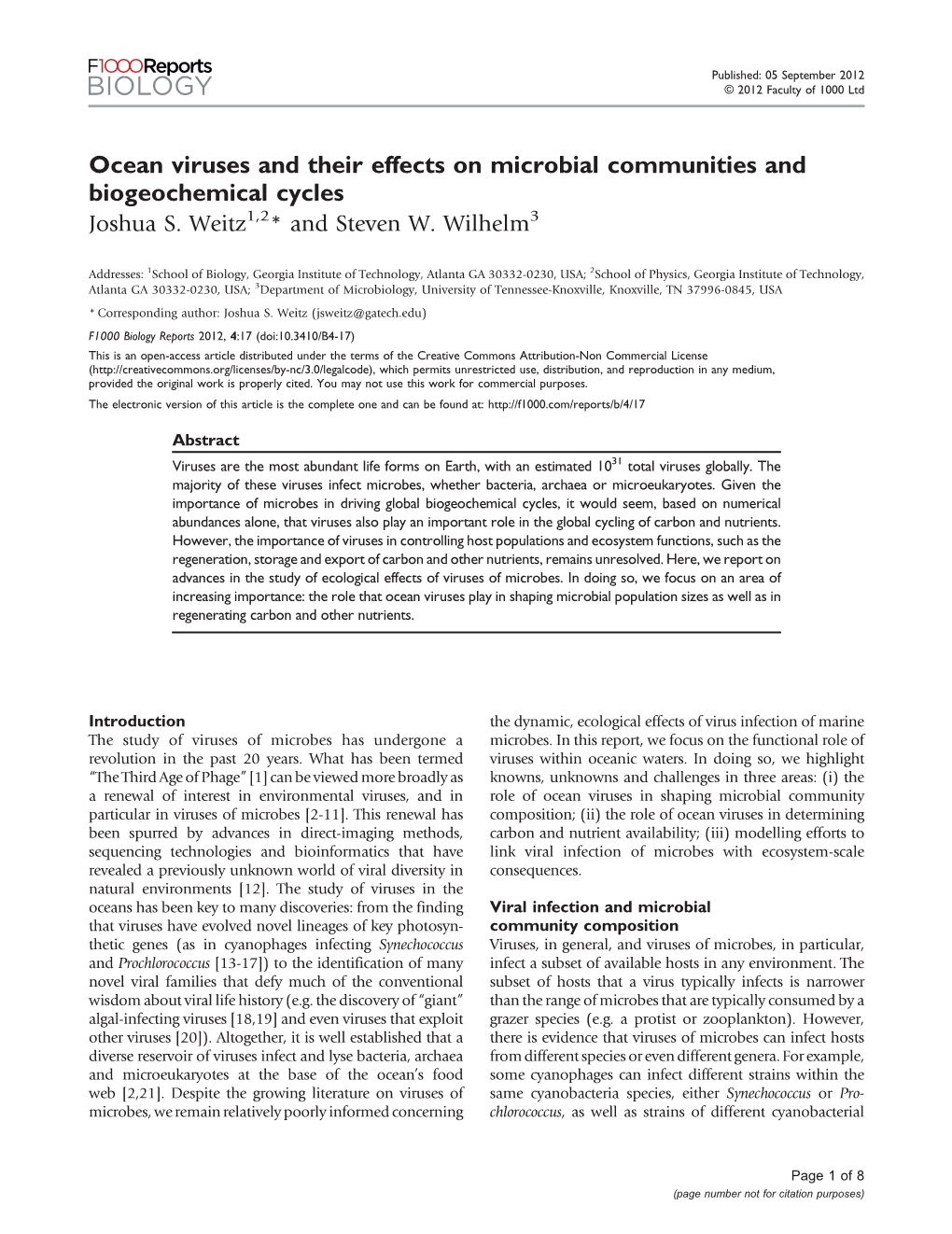 Ocean Viruses and Their Effects on Microbial Communities and Biogeochemical Cycles Joshua S