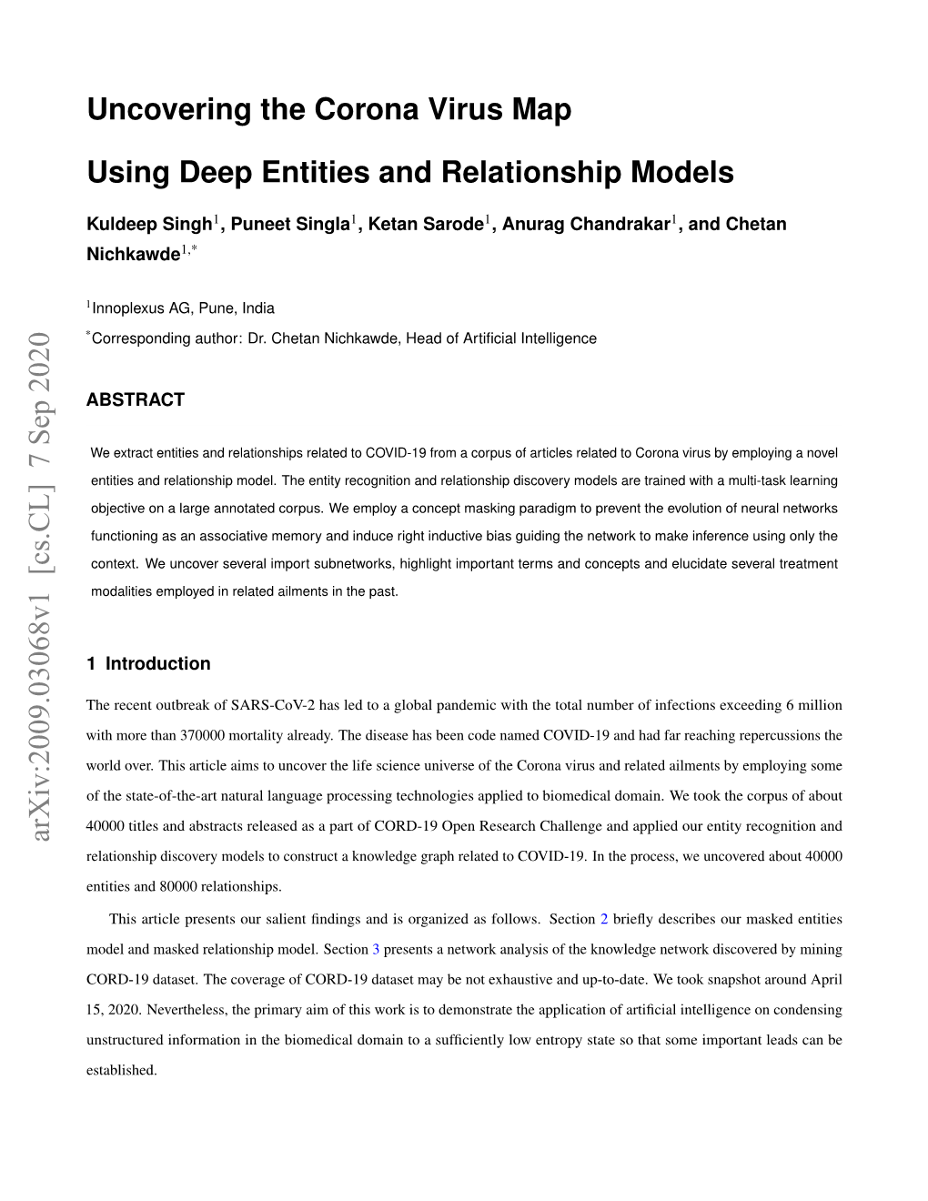 Arxiv:2009.03068V1 [Cs.CL] 7 Sep 2020 Relationship Discovery Models to Construct a Knowledge Graph Related to COVID-19