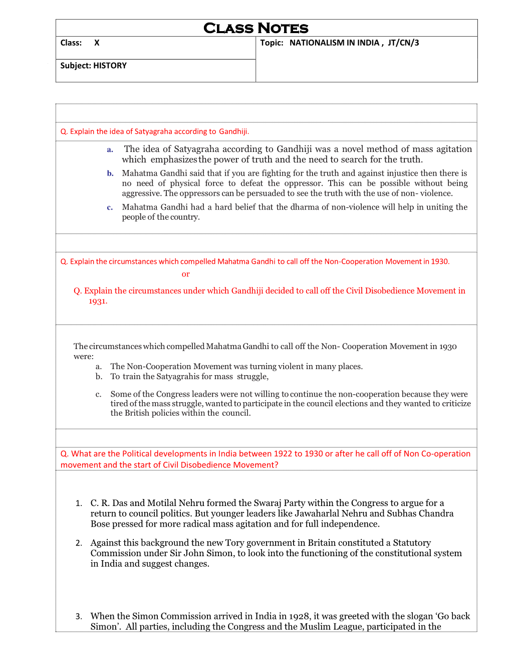 Class Notes Class: X Topic: NATIONALISM in INDIA , JT/CN/3