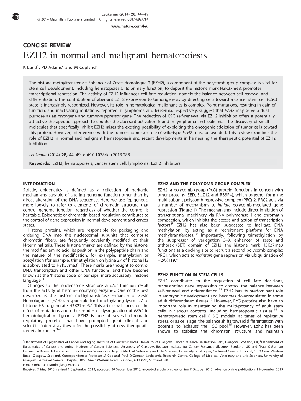 EZH2 in Normal and Malignant Hematopoiesis