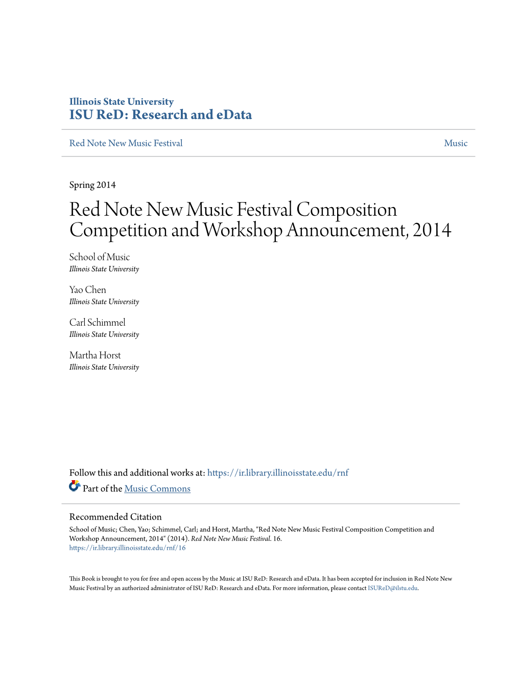 Red Note New Music Festival Composition Competition and Workshop Announcement, 2014 School of Music Illinois State University