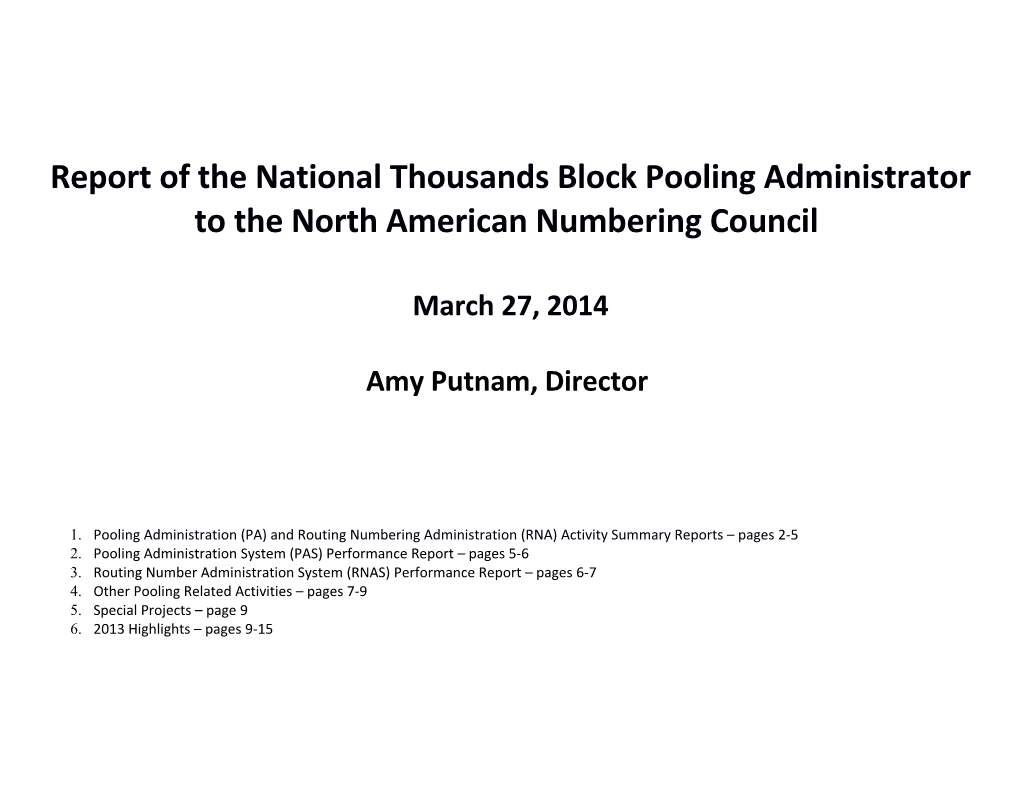 Pooling Administrator Report to the NANC