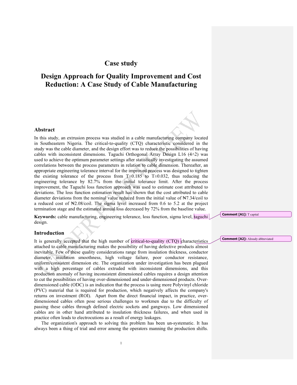 Case Study Design Approach for Quality Improvement and Cost Reduction: a Case Study of Cable Manufacturing