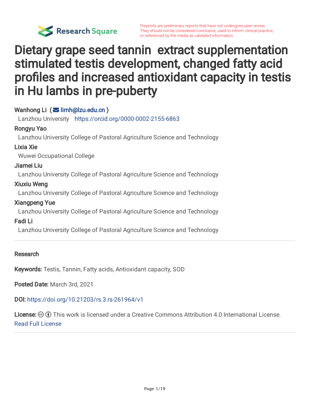 Dietary Grape Seed Tannin Extract Supplementation Stimulated Testis Development, Changed Fatty Acid Pro Les and Increased Anti