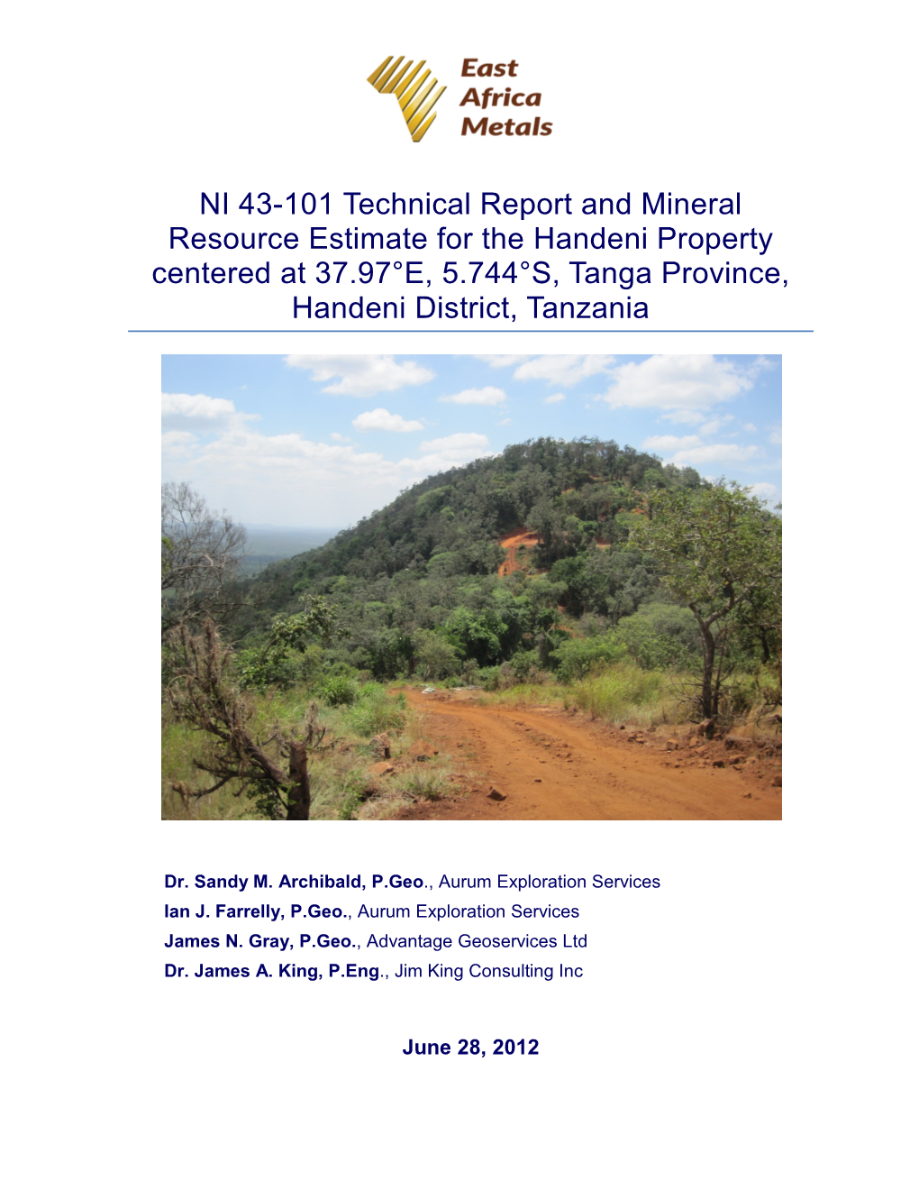 Handeni Project, June 28, 2012 – NI43-101 Technical Report