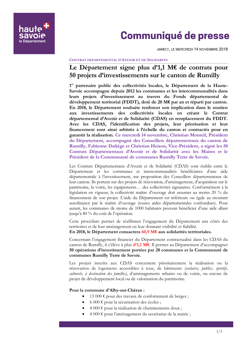 Le Département Signe Plus D'1,1 M€ De Contrats Pour 50 Projets D'investissements Sur Le Canton De Rumilly
