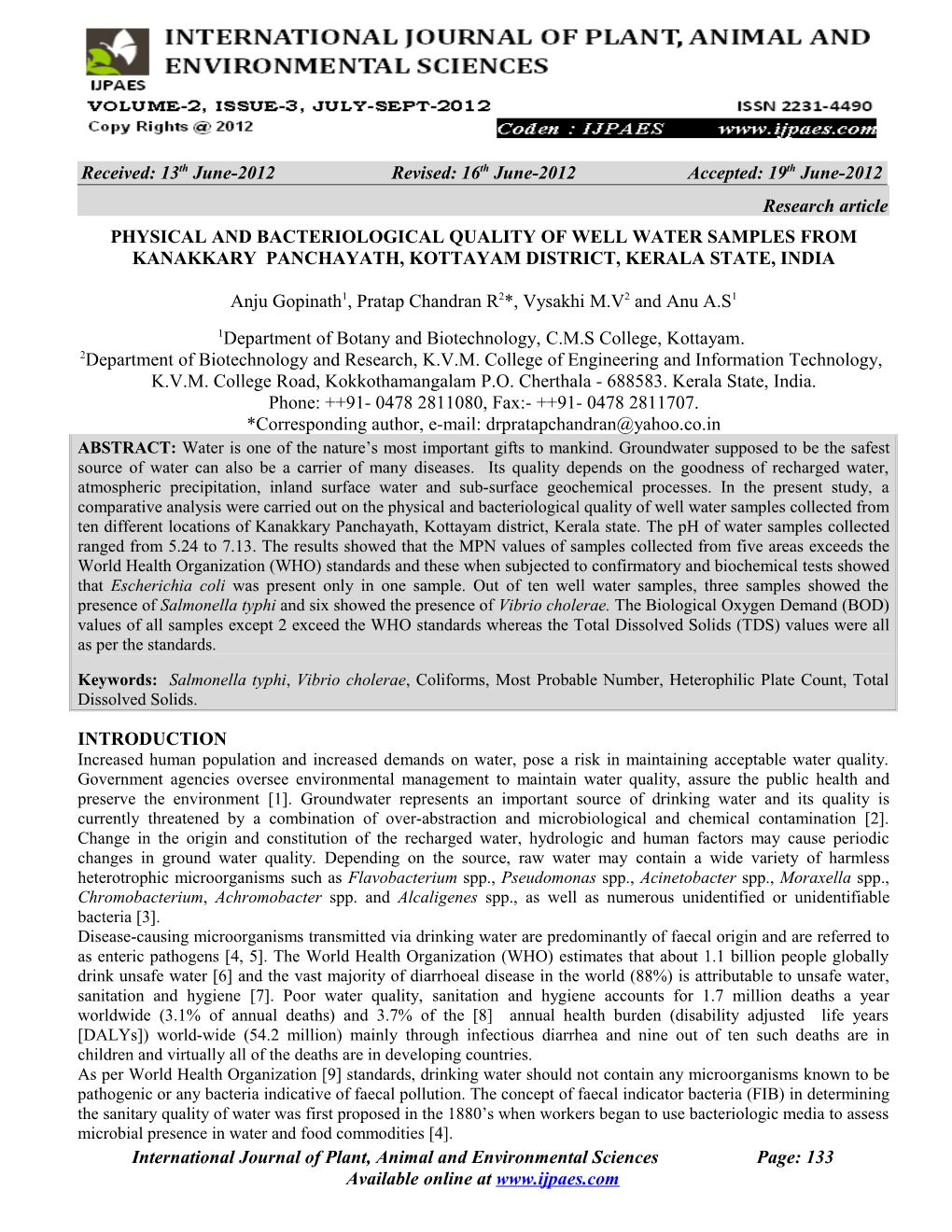 Physical and Bacteriological Quality of Well Water Samples from Kanakkary Panchayath, Kottayam District, Kerala State, India