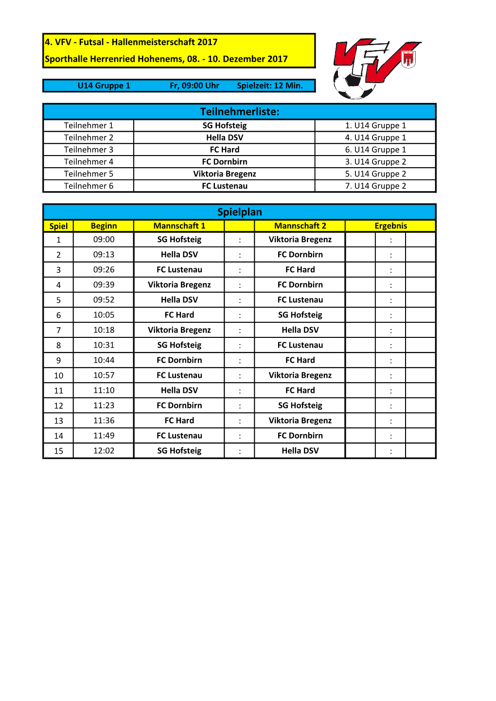 Spielplan Teilnehmerliste