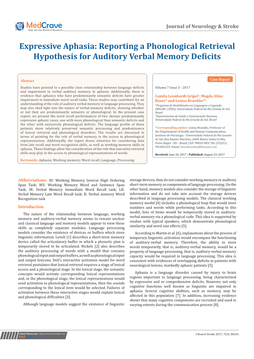 Expressive Aphasia: Reporting a Phonological Retrieval Hypothesis for Auditory Verbal Memory Deficits