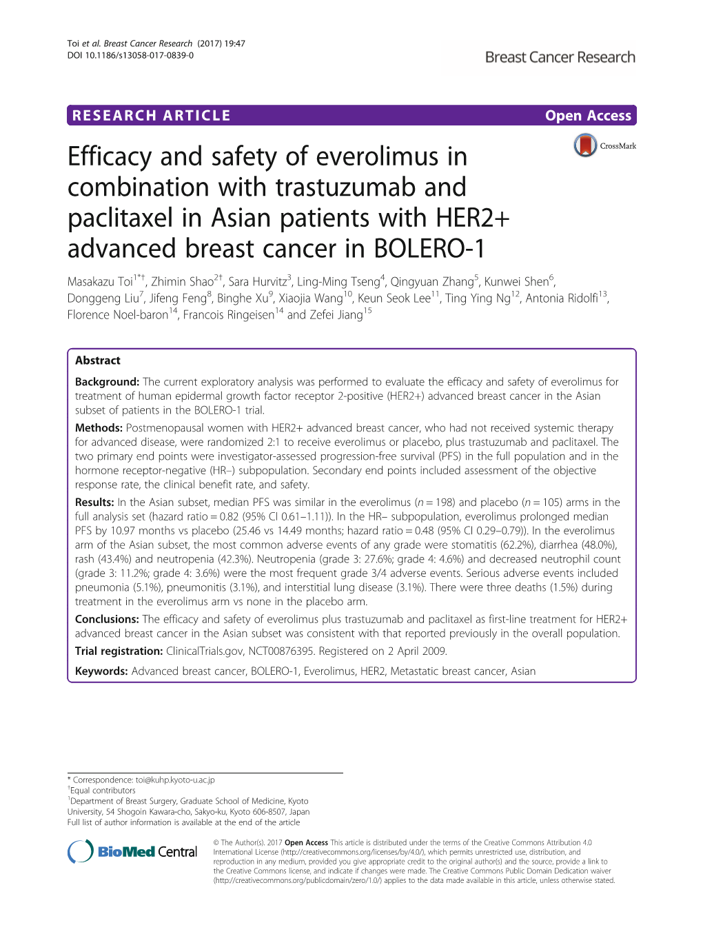 Efficacy and Safety of Everolimus in Combination with Trastuzumab and Paclitaxel in Asian Patients with HER2+ Advanced Breast Cancer in BOLERO-1