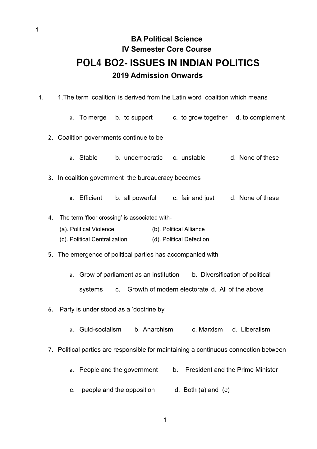 POL4 BO2- ISSUES in INDIAN POLITICS 2019 Admission Onwards