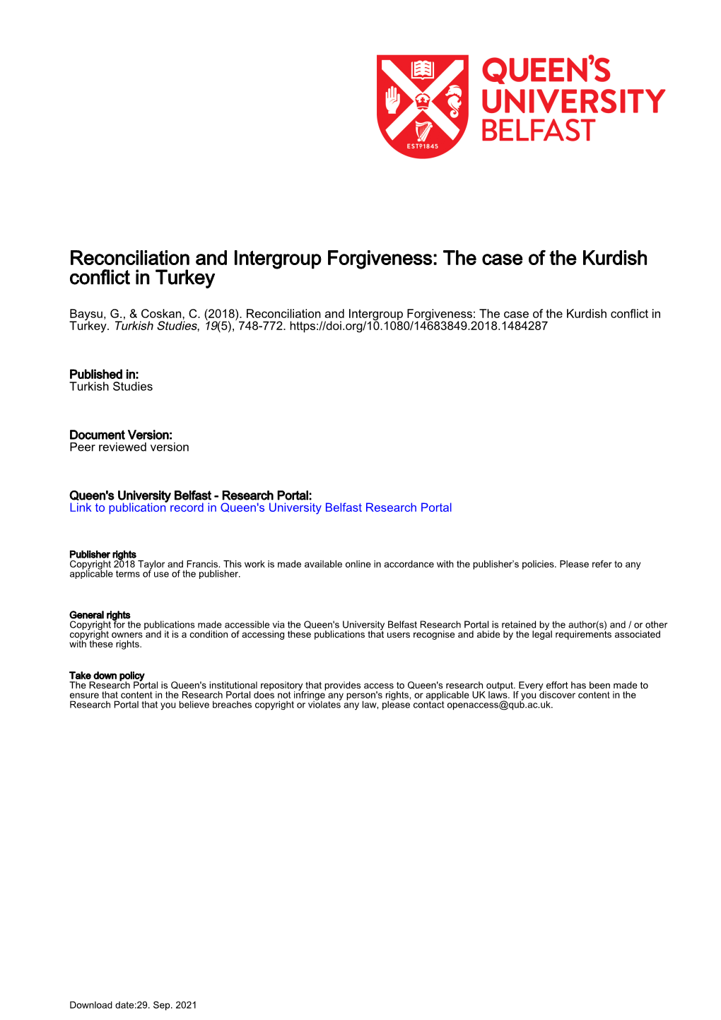 Reconciliation and Intergroup Forgiveness: the Case of the Kurdish Conflict in Turkey