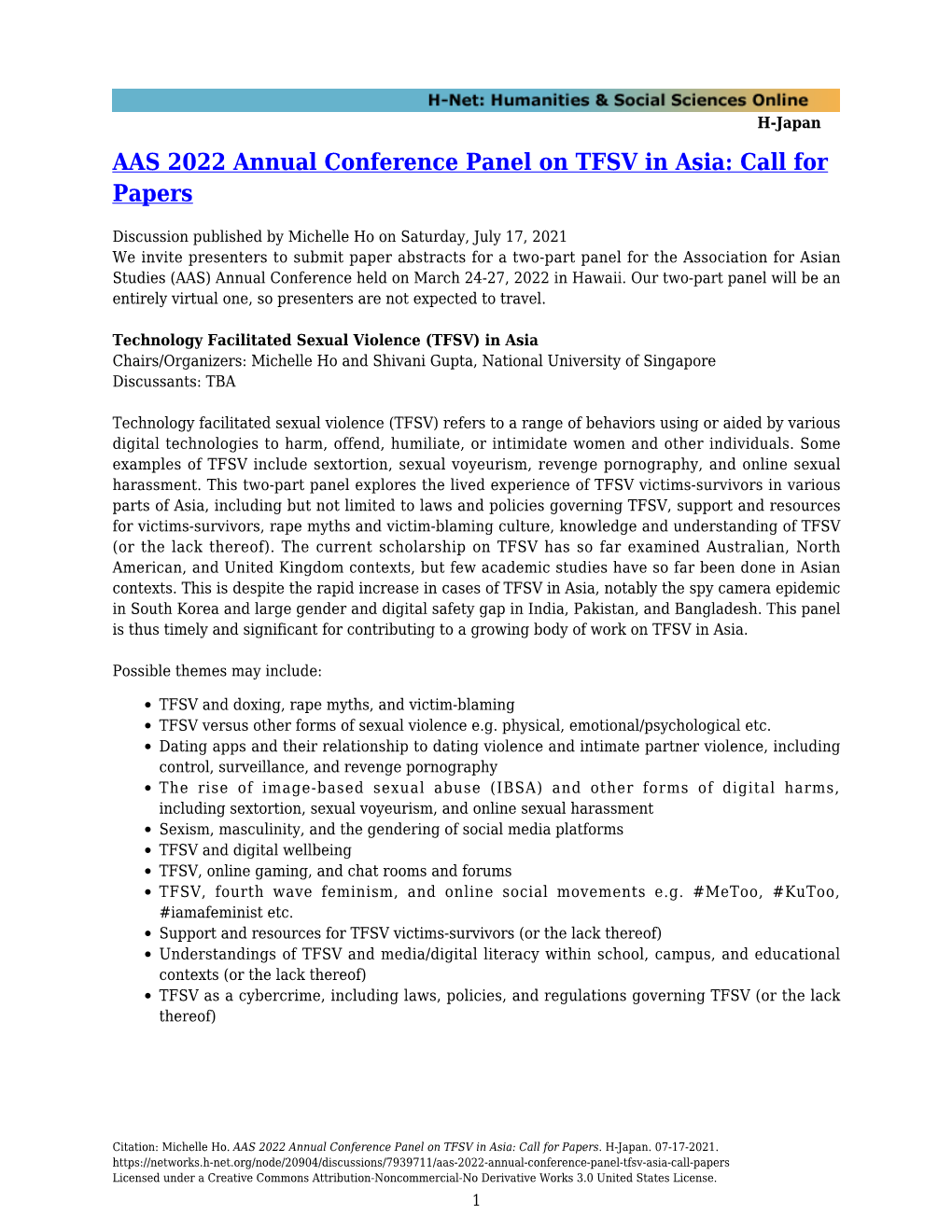 AAS 2022 Annual Conference Panel on TFSV in Asia: Call for Papers