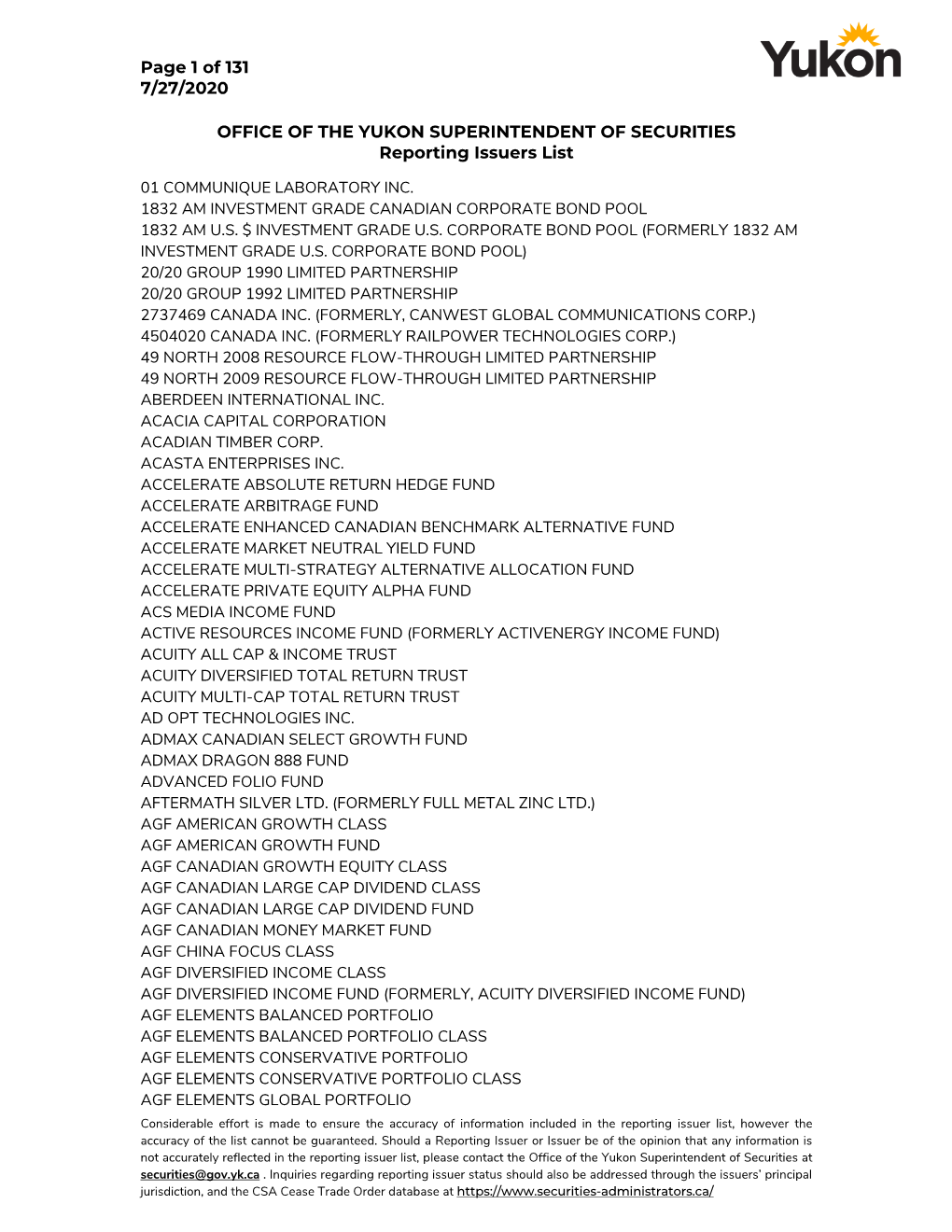 Yukon Reporting Issuer List