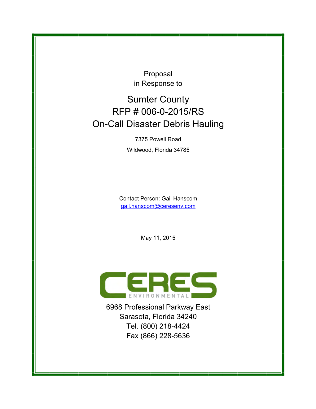 Sumter County RFP # 006-0-2015/RS On-Call Disaster Debris Hauling