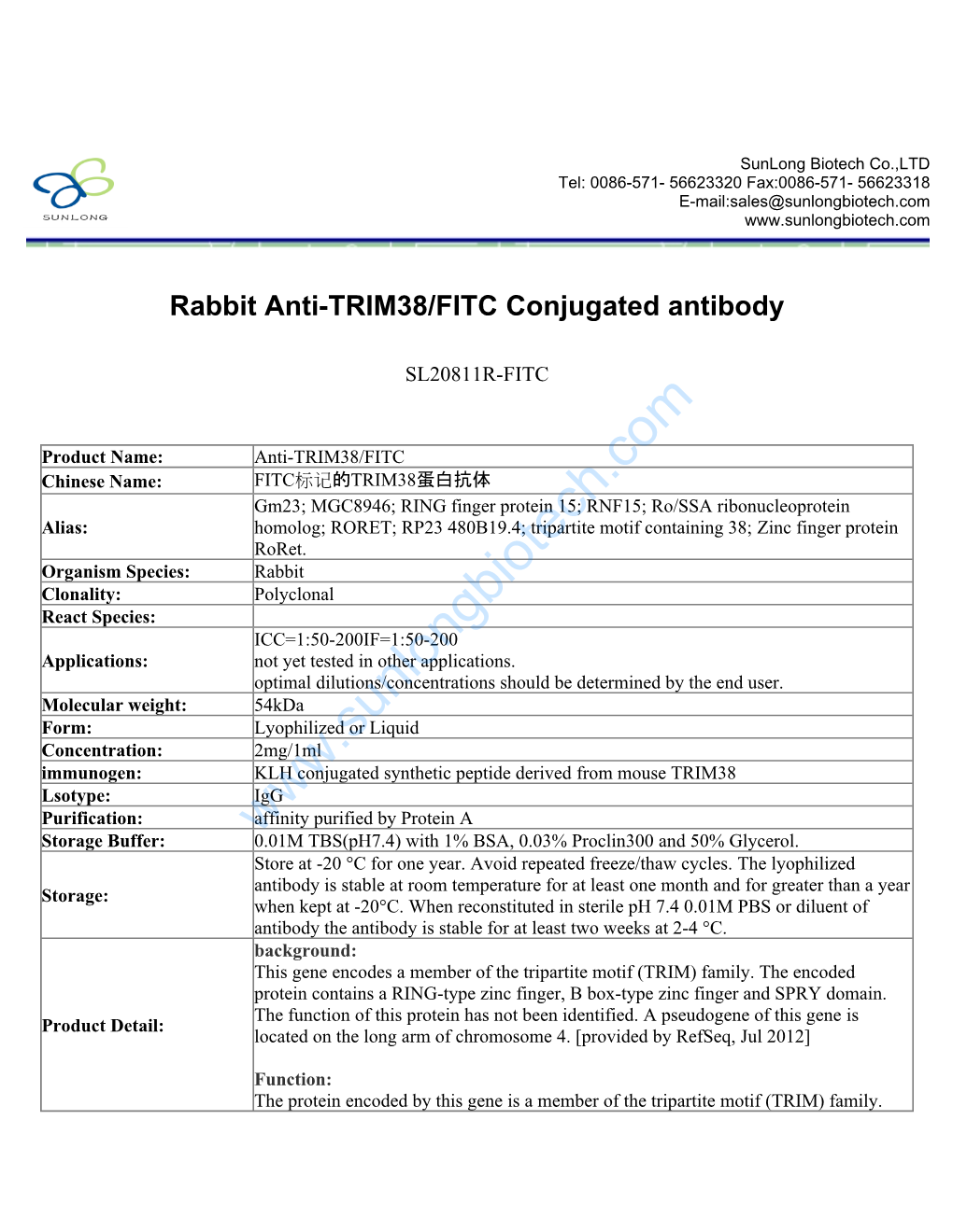 Rabbit Anti-TRIM38/FITC Conjugated Antibody-SL20811R-FITC