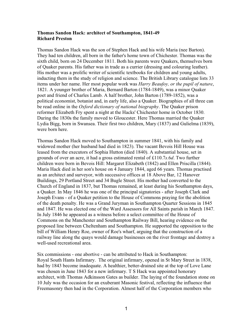 Thomas Sandon Hack: Architect of Southampton, 1841-49 Richard Preston