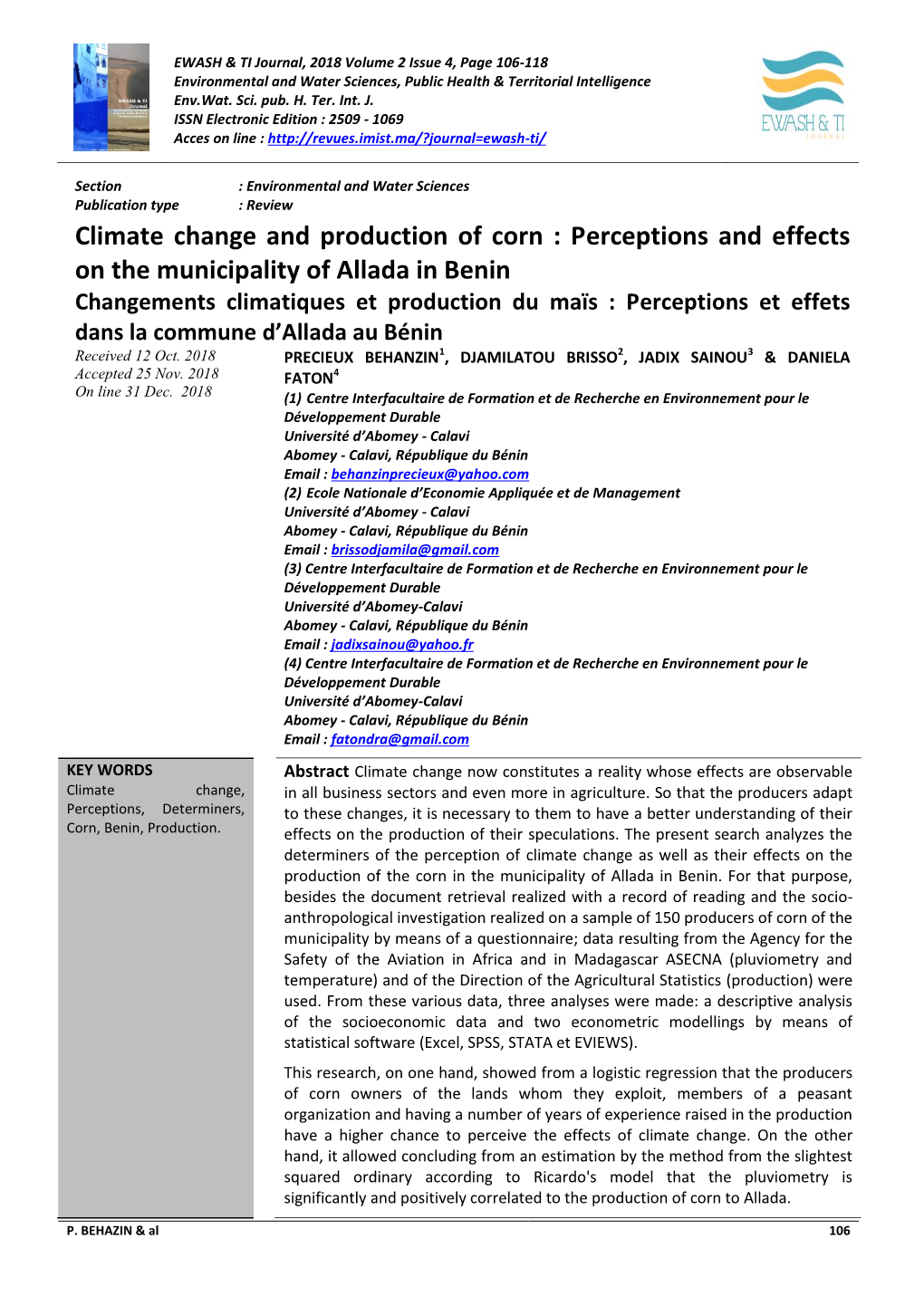 Perceptions and Effects on the Municipality of Allada in Benin