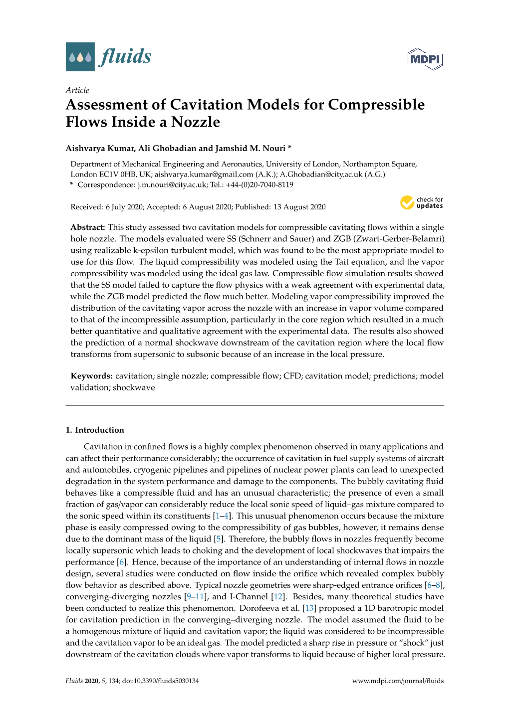 Assessment of Cavitation Models for Compressible Flows Inside a Nozzle