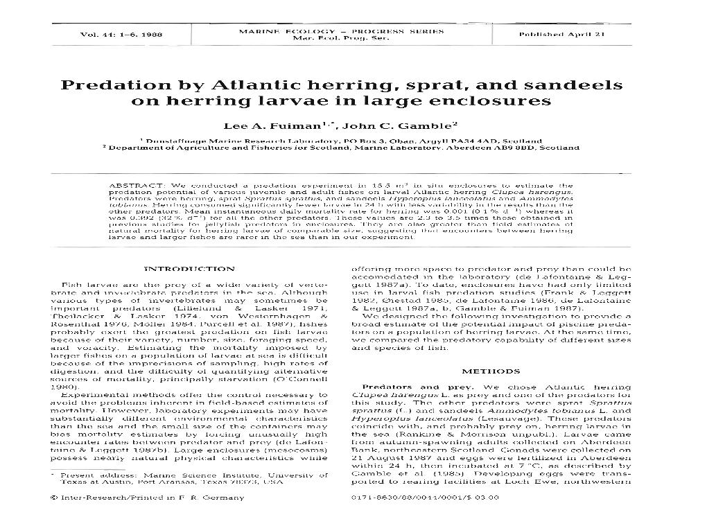 Predation by Atlantic Herring, Sprat, and Sandeels on Herring Larvae in Large Enclosures