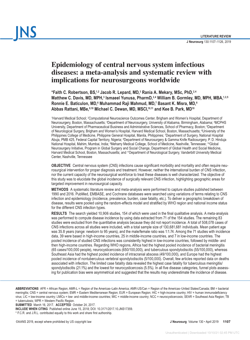 Epidemiology of Central Nervous System Infectious Diseases: a Meta-Analysis and Systematic Review with Implications for Neurosurgeons Worldwide