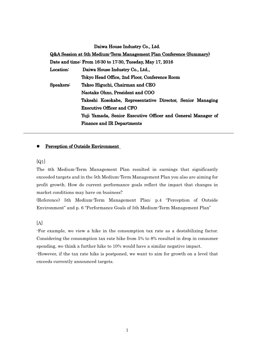 Daiwa House Industry Co., Ltd. Q&A Session at 5Th Medium-Term