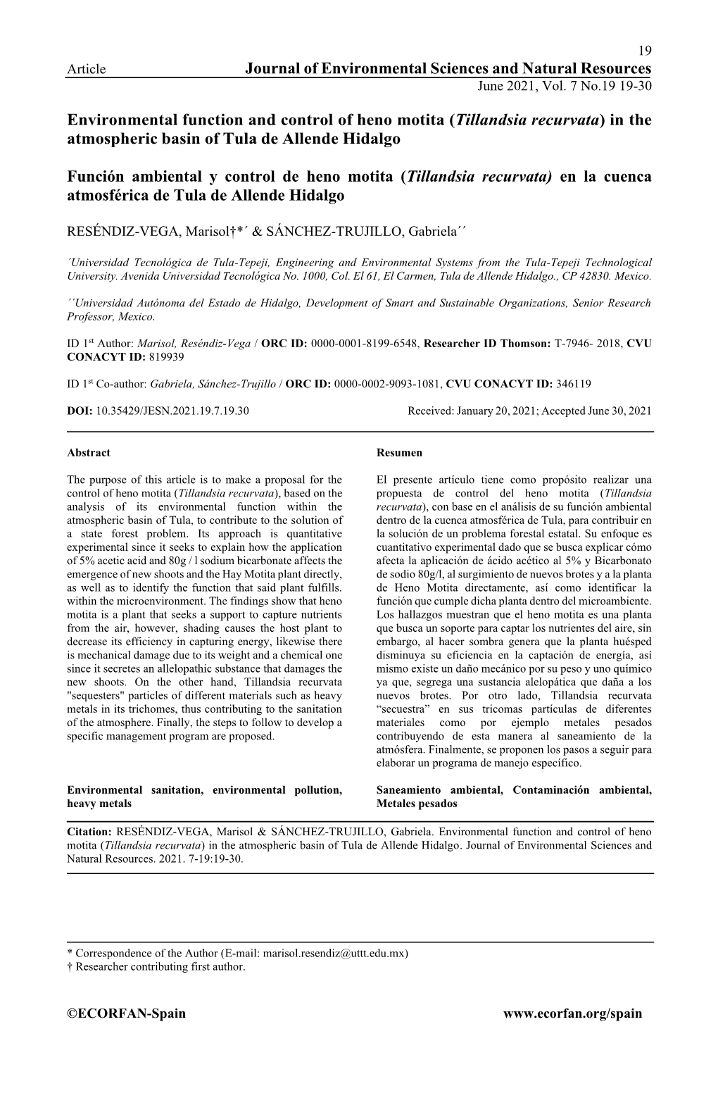 Journal of Environmental Sciences and Natural Resources June 2021, Vol