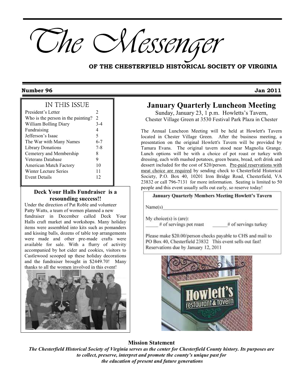 January Quarterly Luncheon Meeting President‘S Letter 2 Sunday, January 23, 1 P.M