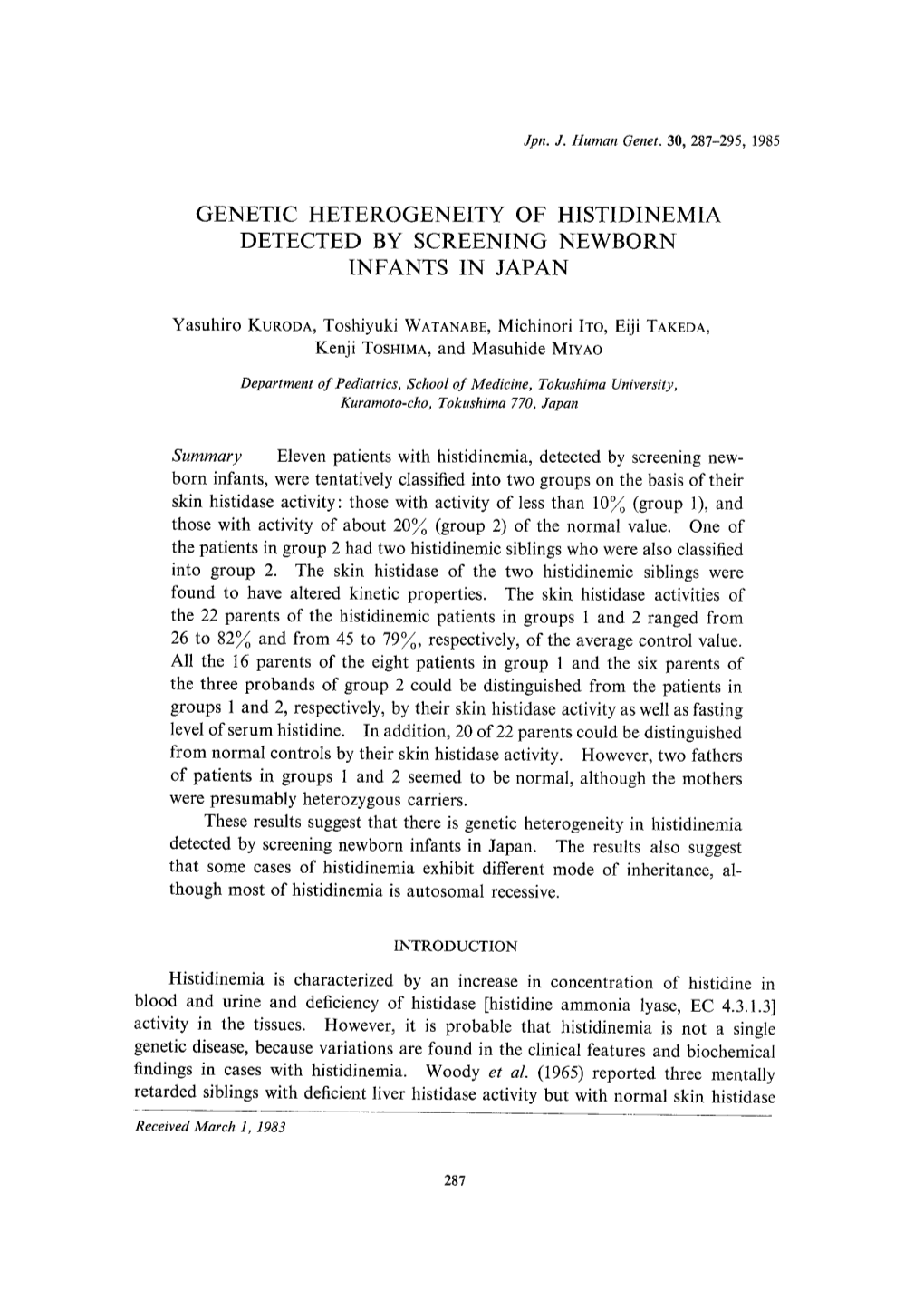 Genetic Heterogeneity of Histidinemia Detected by Screening Newborn Infants in Japan