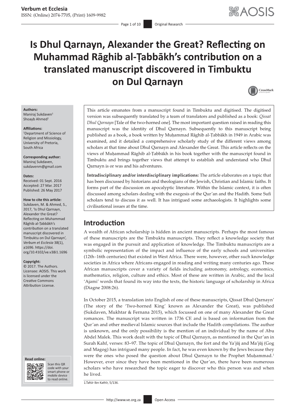 Is Dhul Qarnayn, Alexander the Great? Reflecting on Muhammad Rāghib Al-Ṭabbākh’S Contribution on a Translated Manuscript Discovered in Timbuktu on Dul Qarnayn