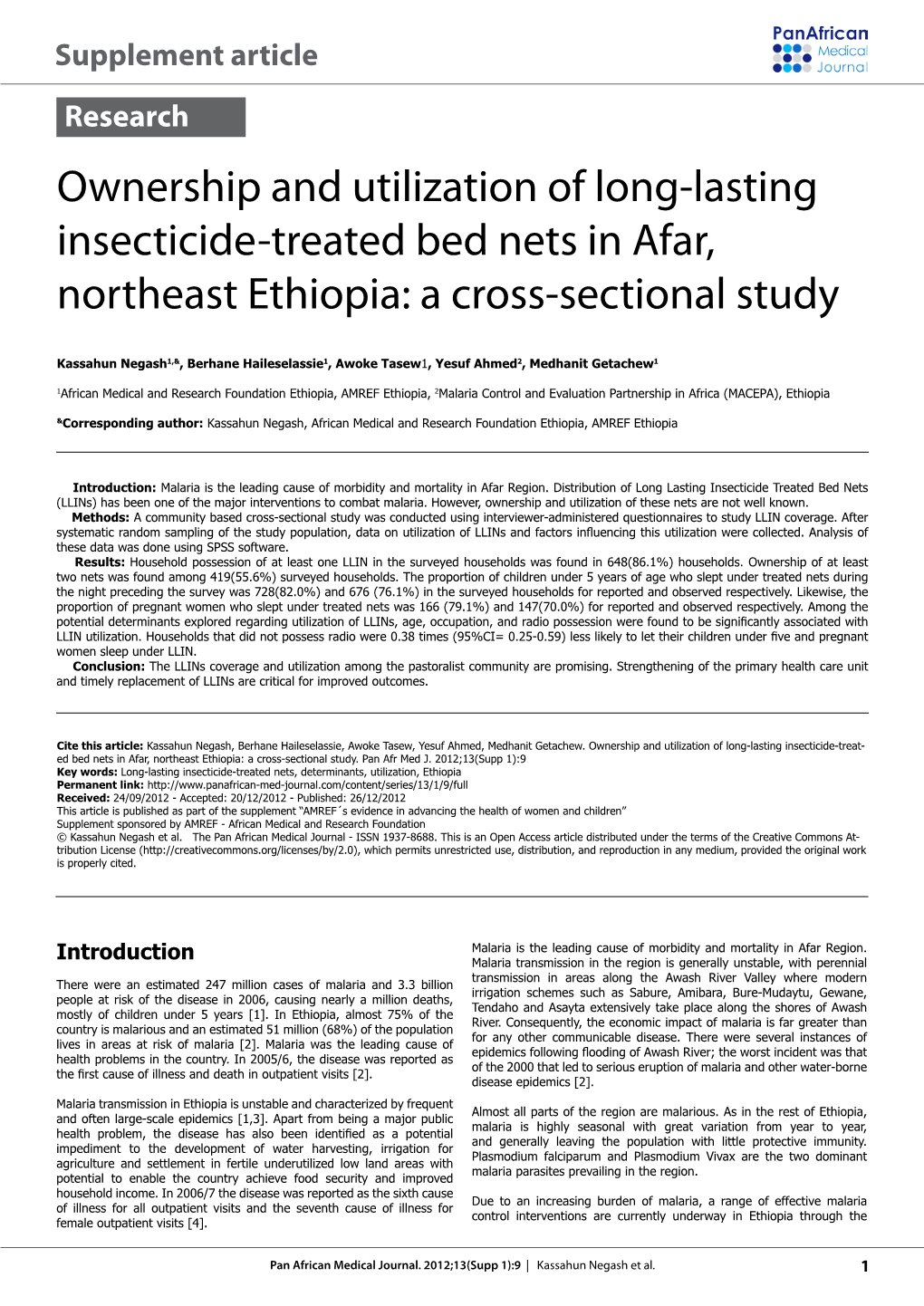Ownership and Utilization of Long-Lasting Insecticide-Treated Bed Nets in Afar, Northeast Ethiopia: a Cross-Sectional Study