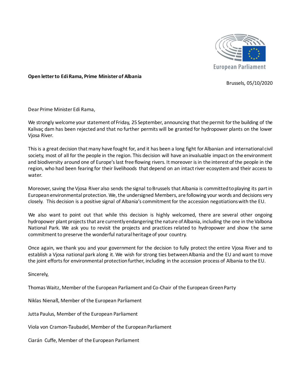 Open Letter to Edi Rama, Prime Minister of Albania Brussels, 05/10/2020