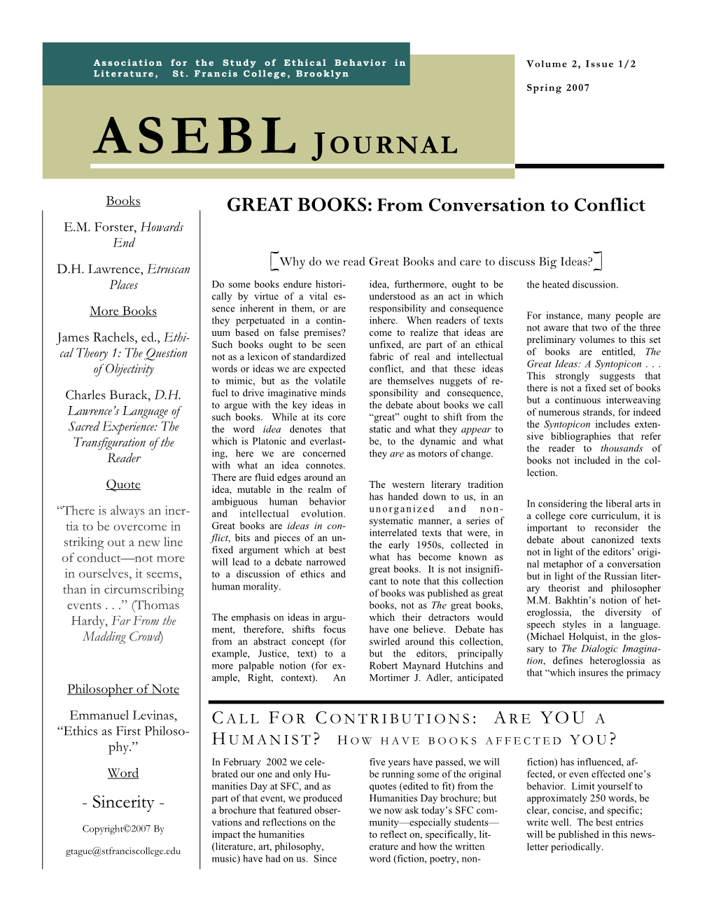 Association for the Study EB Newsletter Vol 2 No 1 Spring 2007