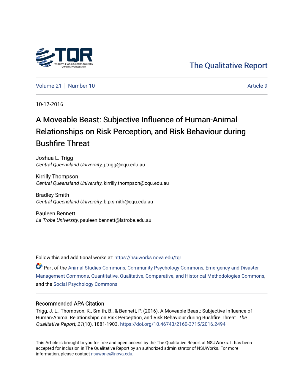 Subjective Influence of Human-Animal Relationships on Risk Perception, and Risk Behaviour During Bushfire Threat