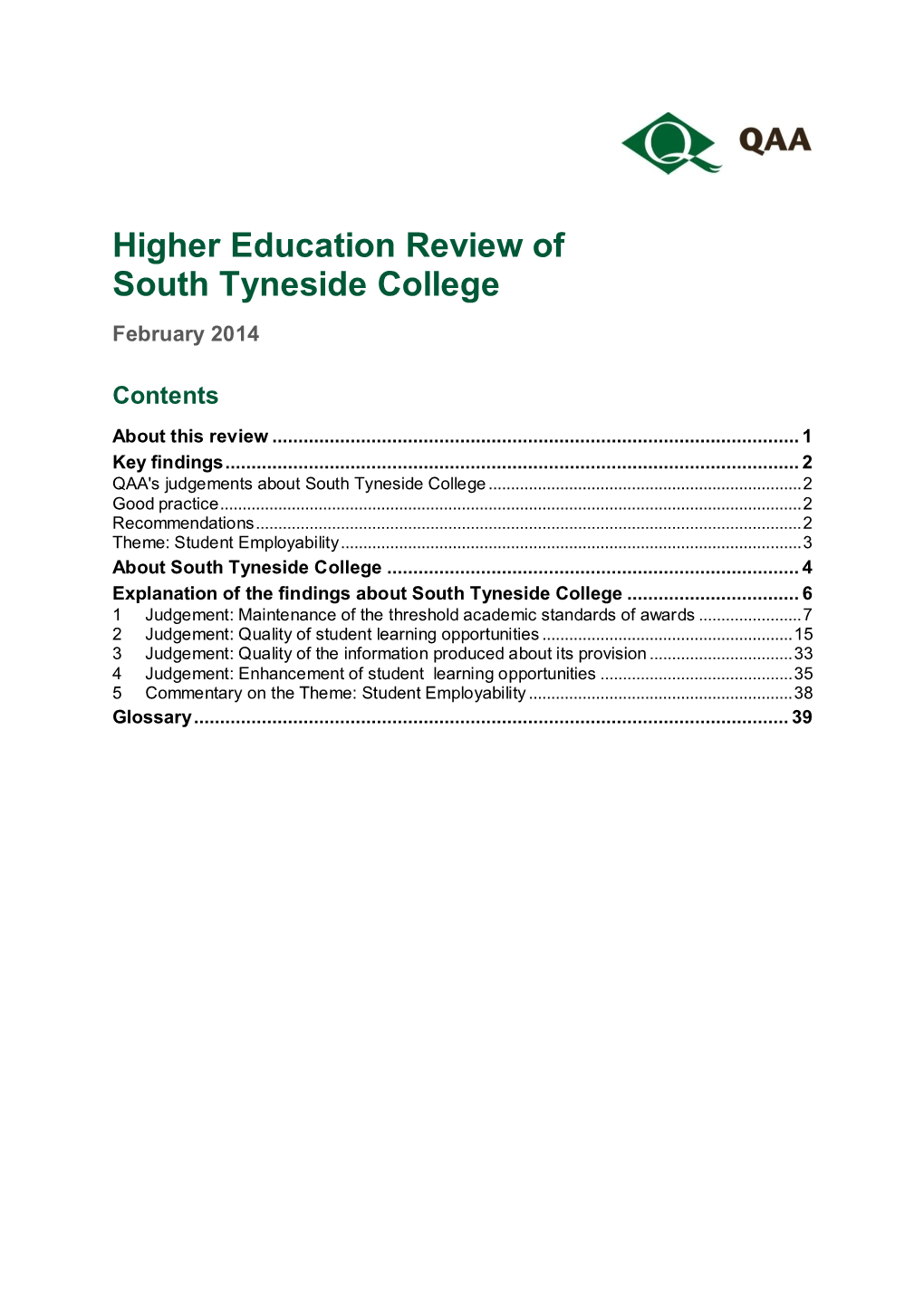 Higher Education Review of South Tyneside College February 2014