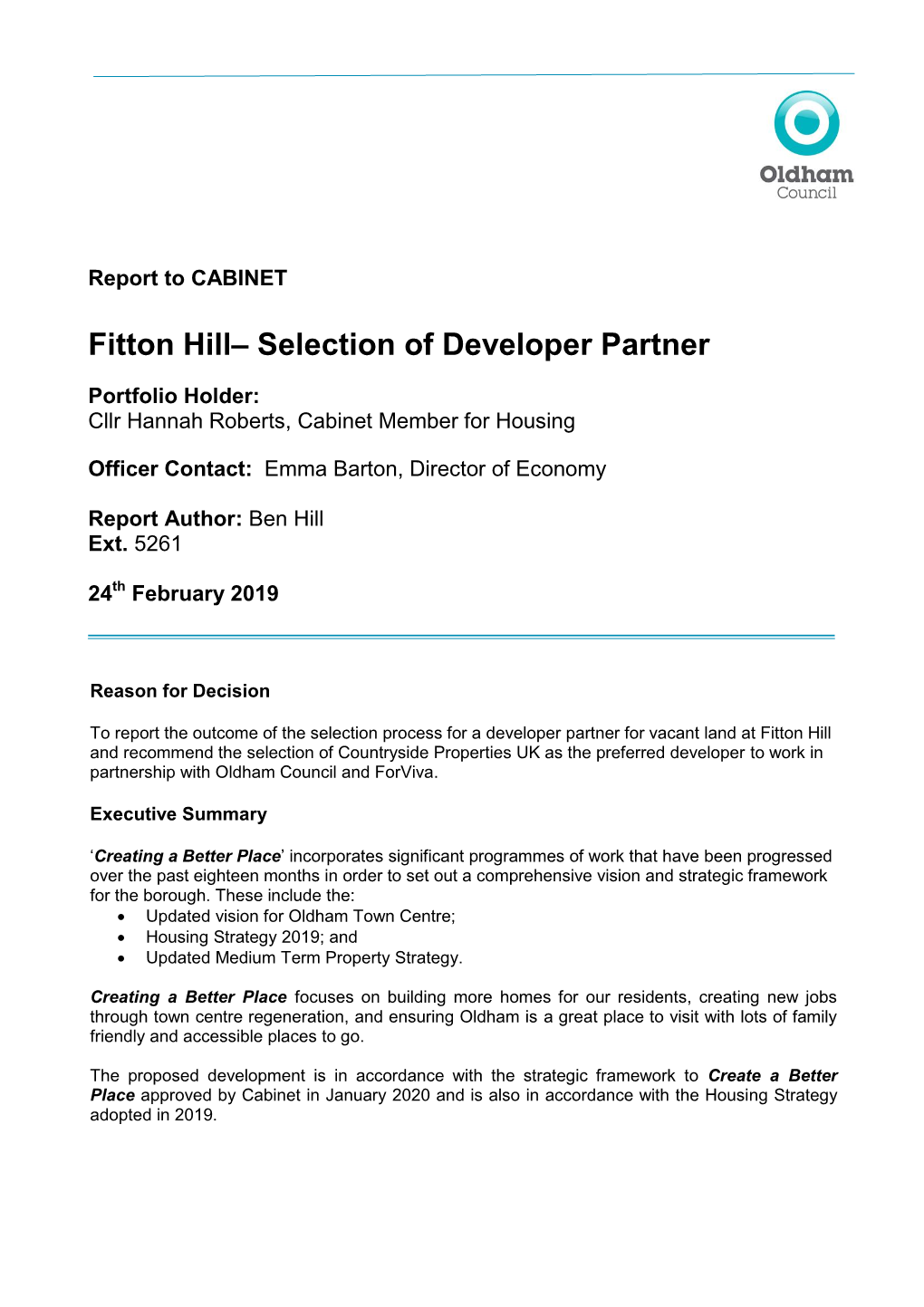 Fitton Hill– Selection of Developer Partner
