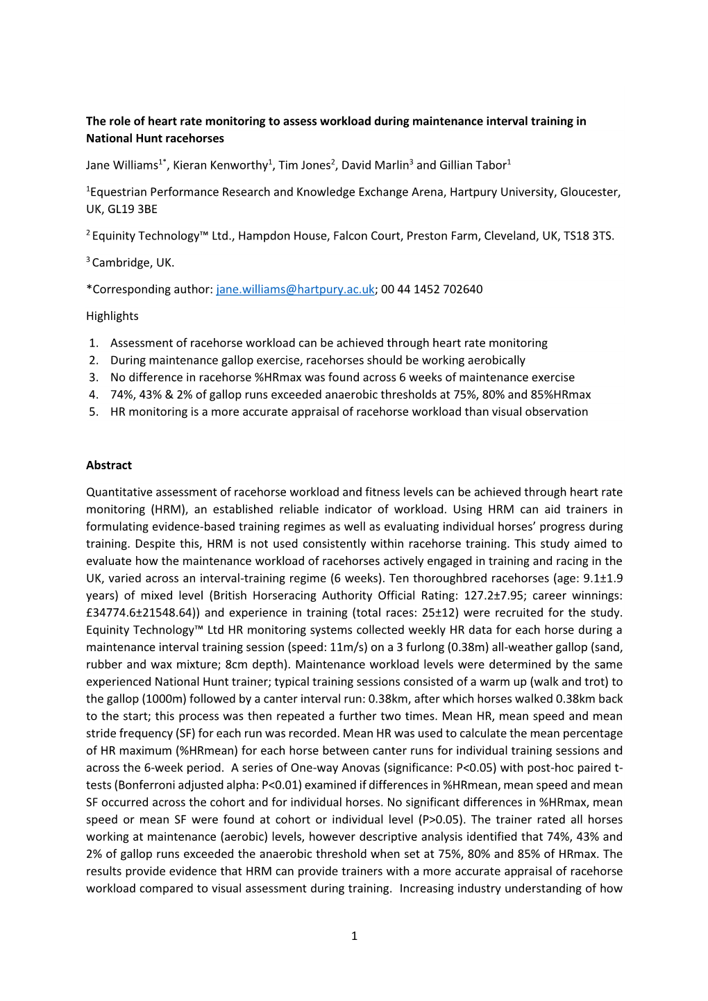 1 the Role of Heart Rate Monitoring to Assess Workload During